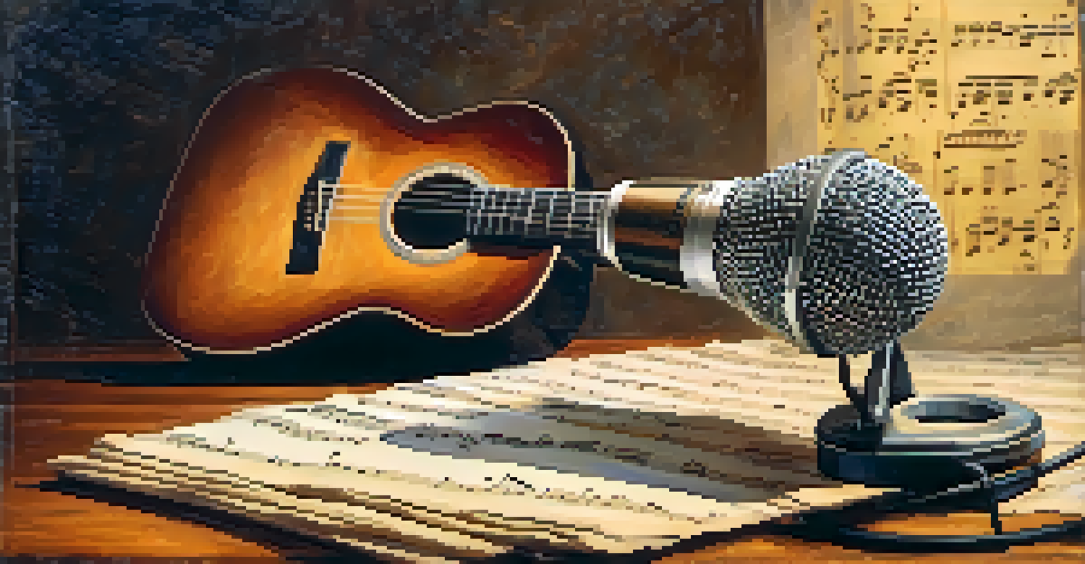 A vintage microphone on a wooden table with sheet music and a guitar in a warm light.