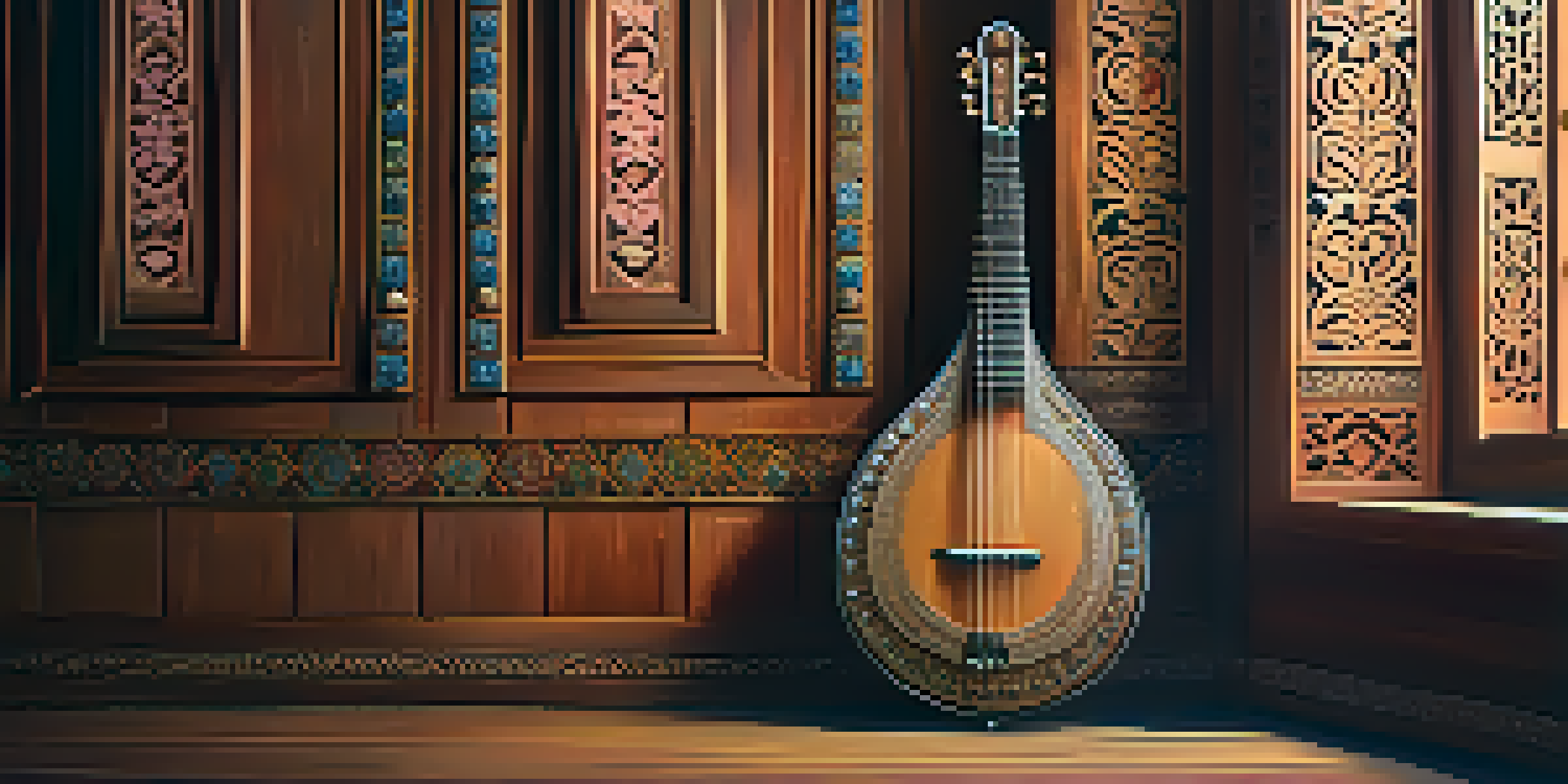 A detailed view of a sitar against a wooden wall with intricate carvings and colorful fabrics in the background.