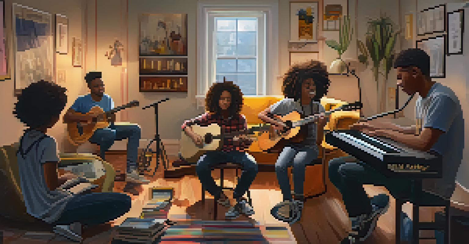 A group of young musicians collaborating in a cozy room, engaged in a virtual jam session with instruments and laptops.