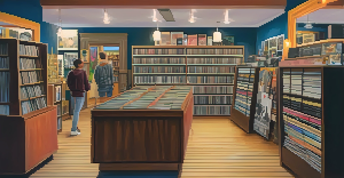 A warm and inviting interior of a vinyl record store with wooden shelves filled with colorful records and a vintage turntable.