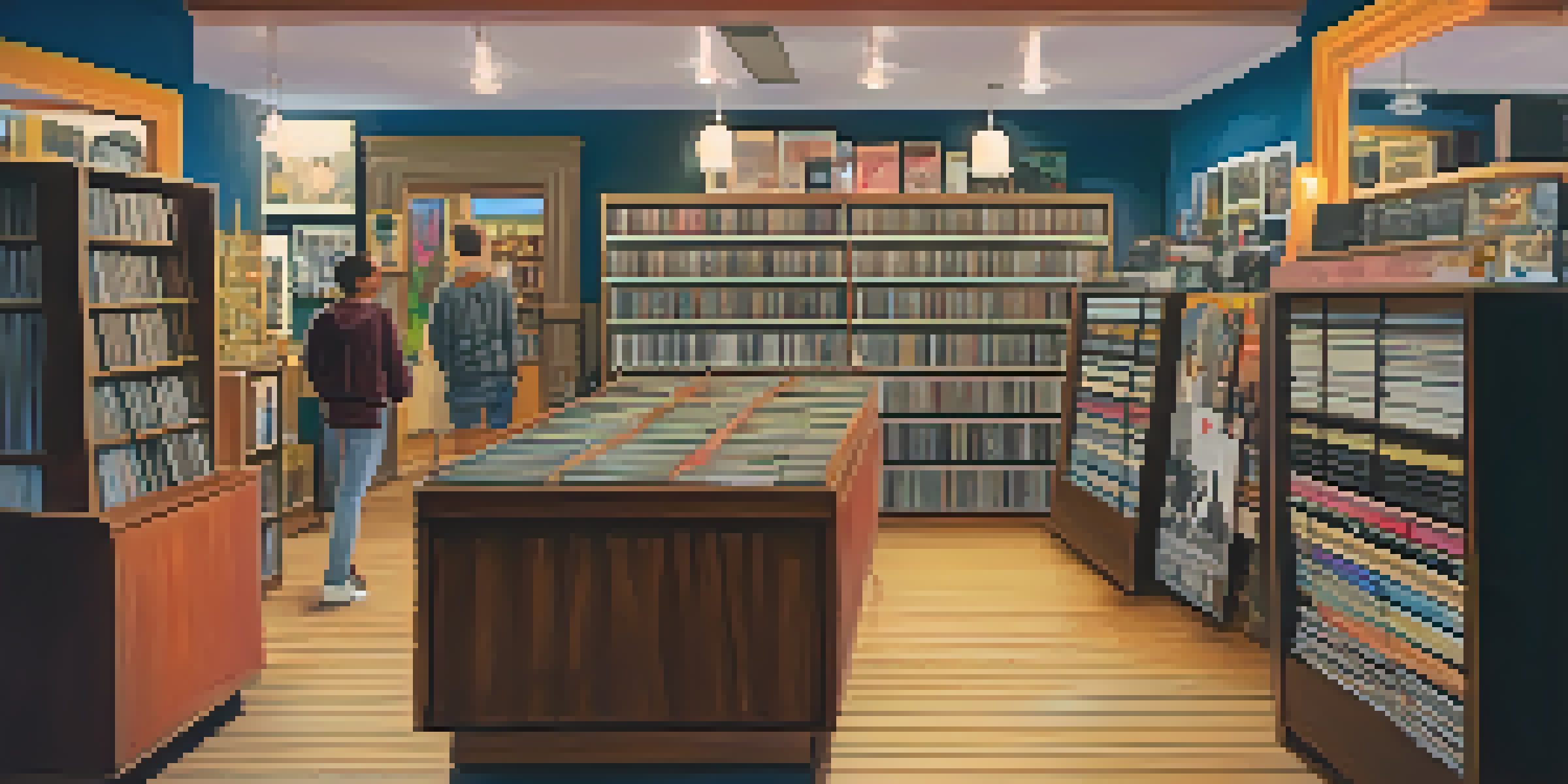 A warm and inviting interior of a vinyl record store with wooden shelves filled with colorful records and a vintage turntable.