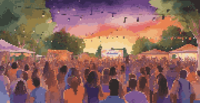 An outdoor live music performance at sunset with musicians on stage and an engaged audience dancing.