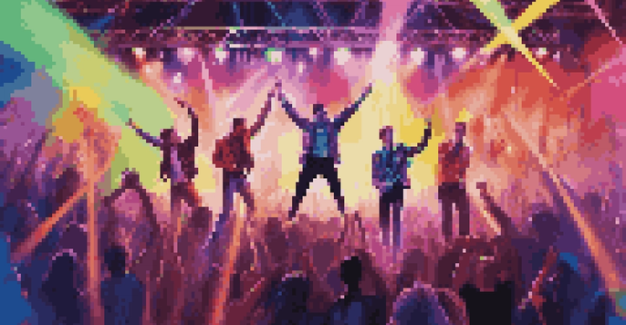 A lively concert with a boy band on stage, colorful lights, and enthusiastic fans.