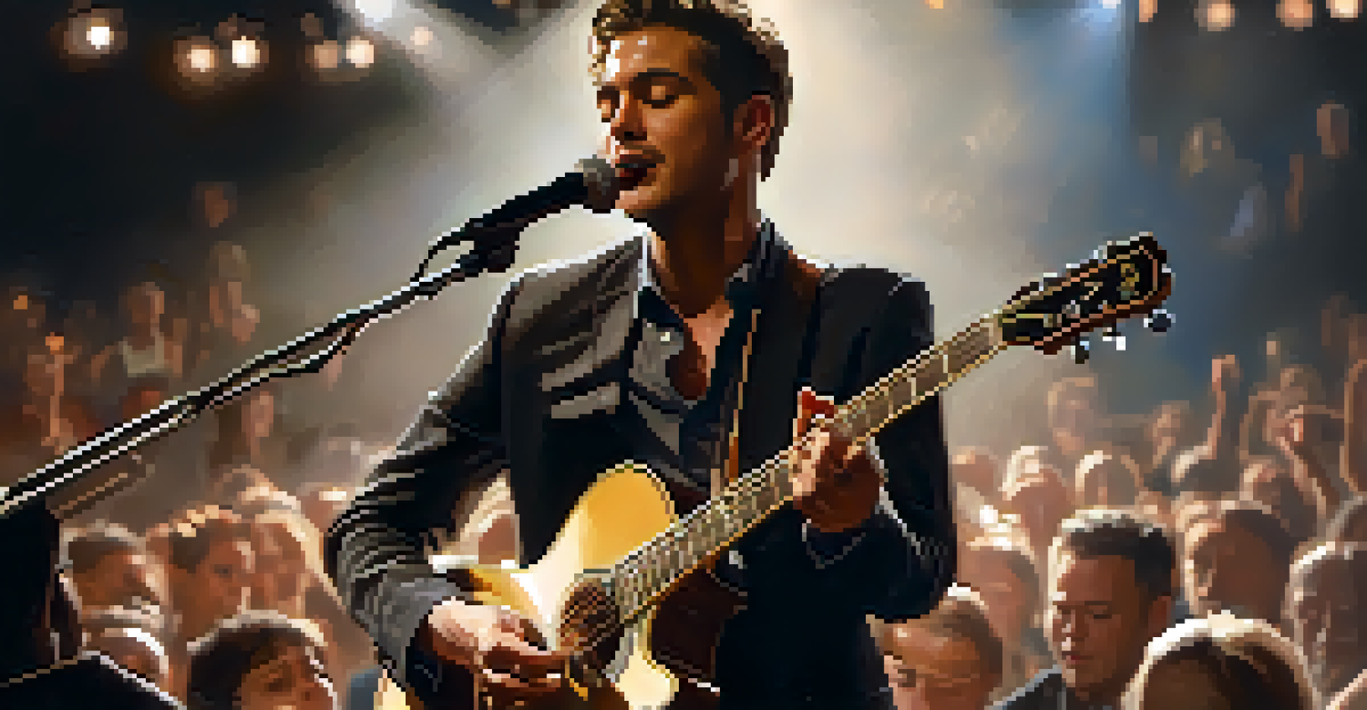 A musician performing on stage, illuminated by a spotlight, with an emotional expression reflecting passion and vulnerability, while the audience is blurred in the background.