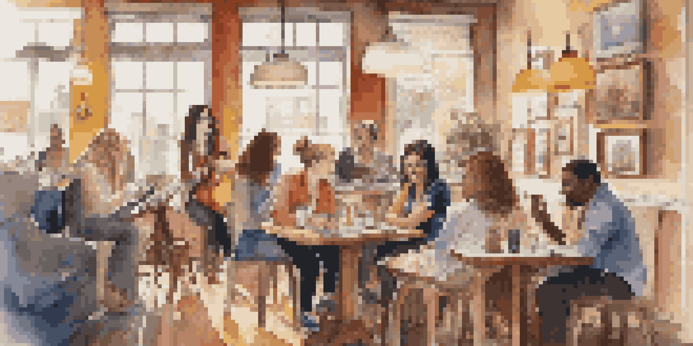 A diverse group of female music journalists in a cozy café, discussing music and creativity, with musical instruments and notebooks around them.