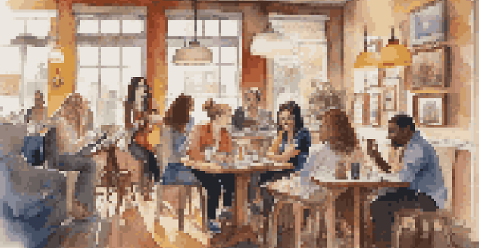 A diverse group of female music journalists in a cozy café, discussing music and creativity, with musical instruments and notebooks around them.
