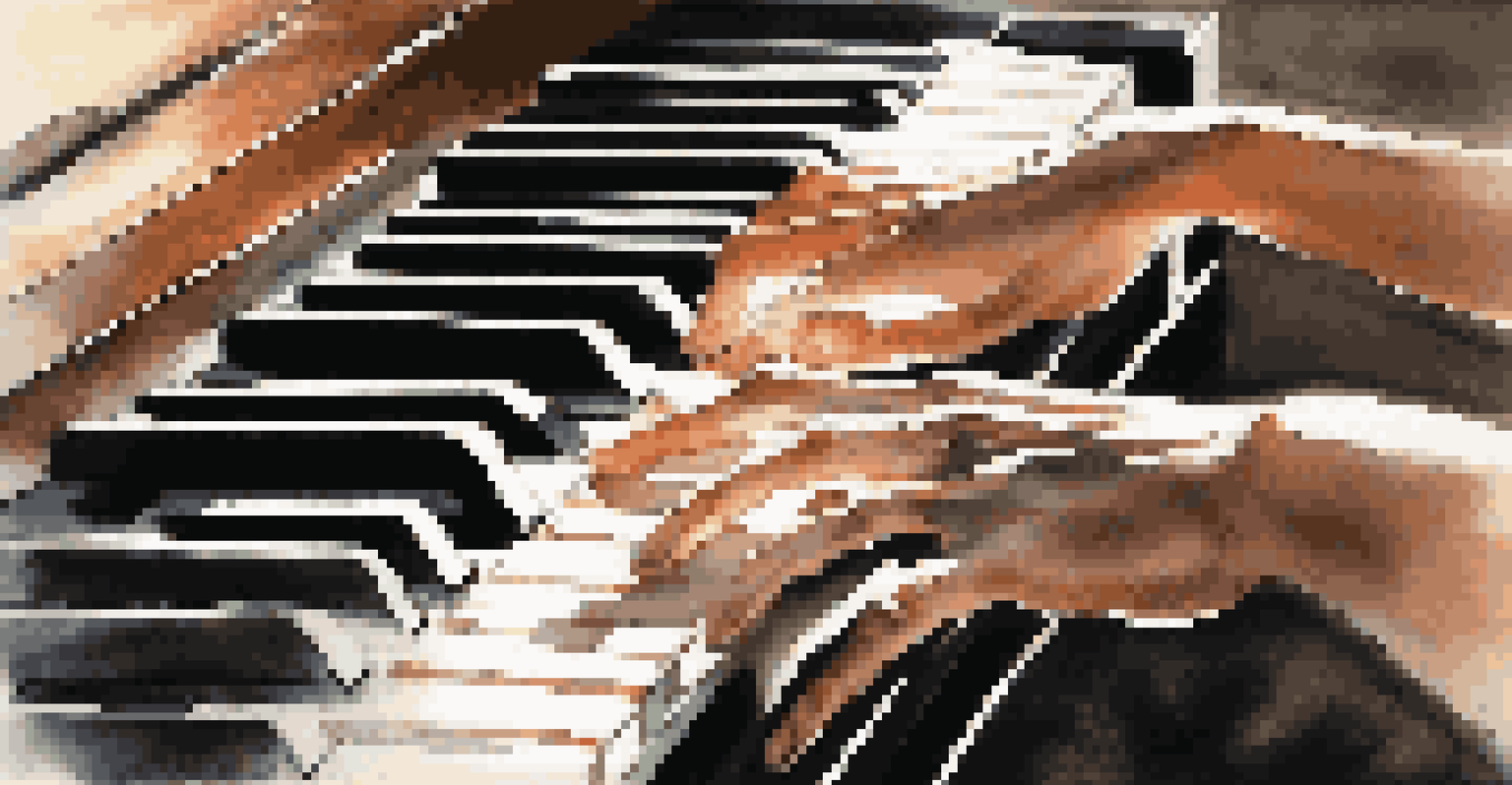Close-up of hands playing a piano in soft sunlight, emphasizing the connection between music and emotional well-being during meditation.
