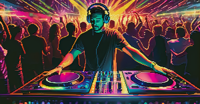 A DJ mixing tracks at a vibrant party with colorful lights and dancing crowd in the background.