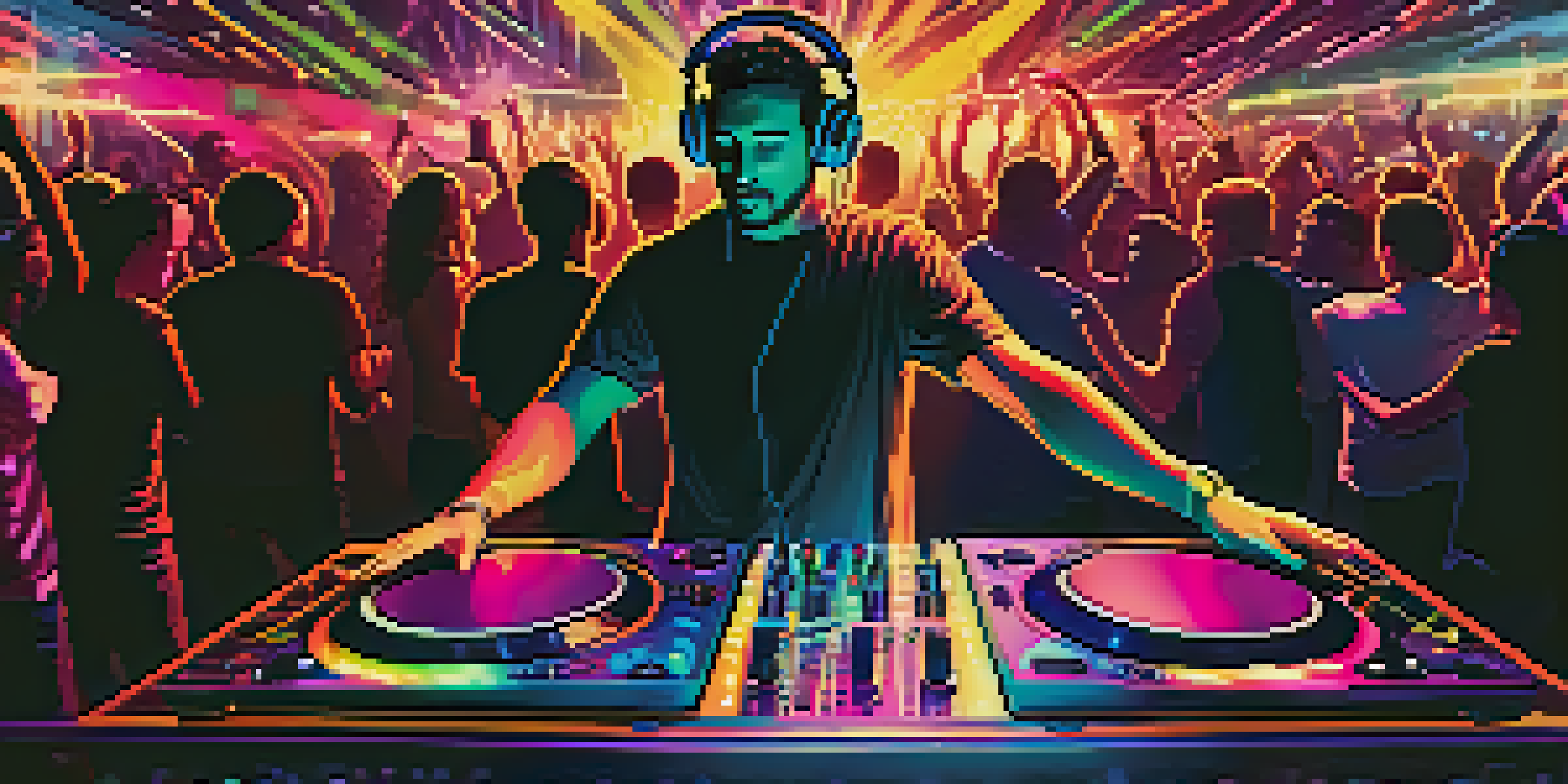 A DJ mixing tracks at a vibrant party with colorful lights and dancing crowd in the background.