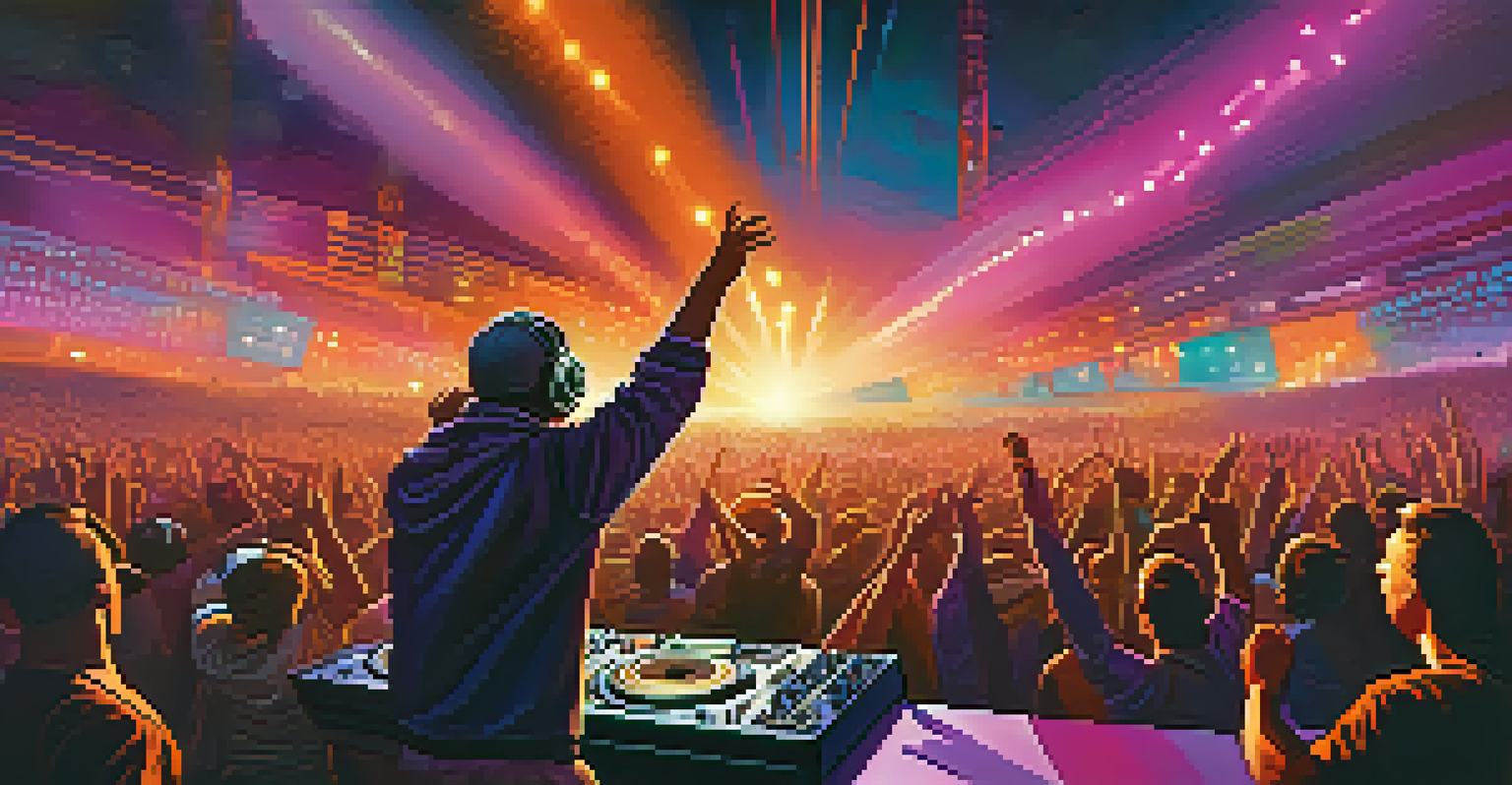A DJ performing at an outdoor festival during sunset with a large crowd dancing in front.
