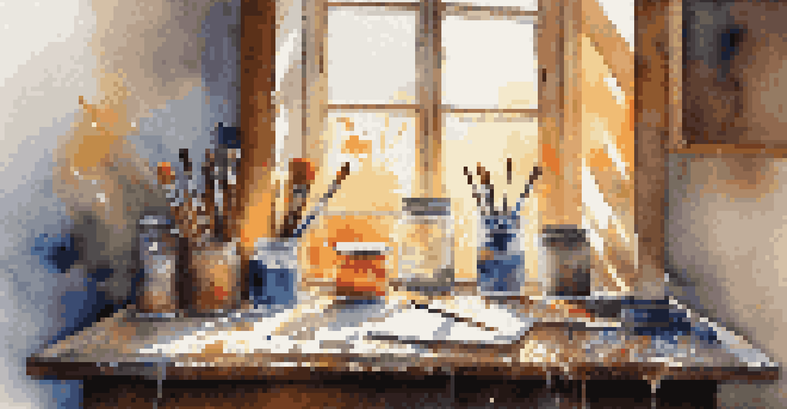 An artist's workspace with a colorful canvas, brushes, and sunlight streaming through a window.
