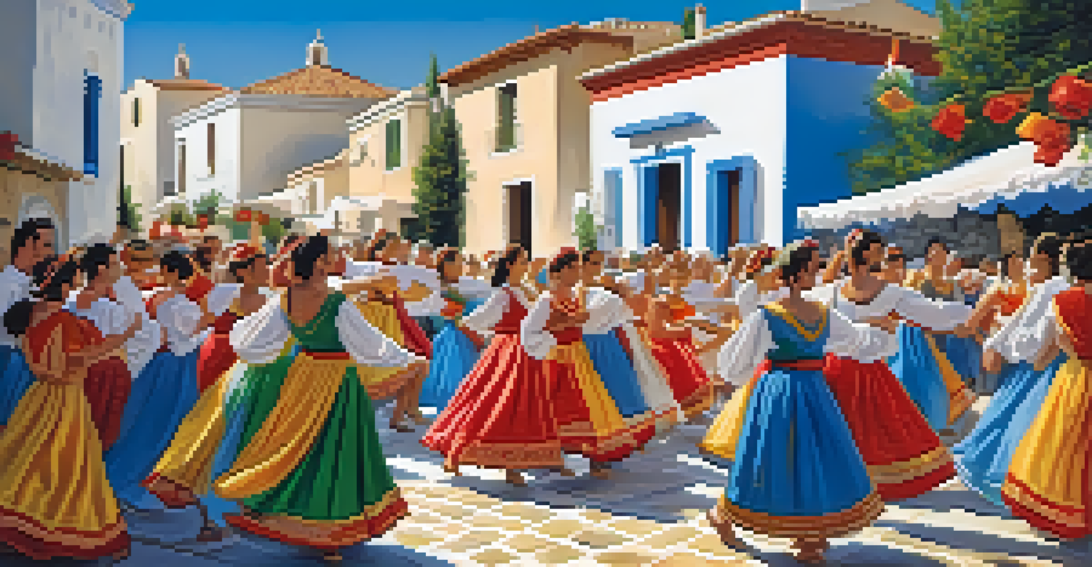A vibrant Greek village festival with dancers in traditional costumes celebrating joyfully under a blue sky.