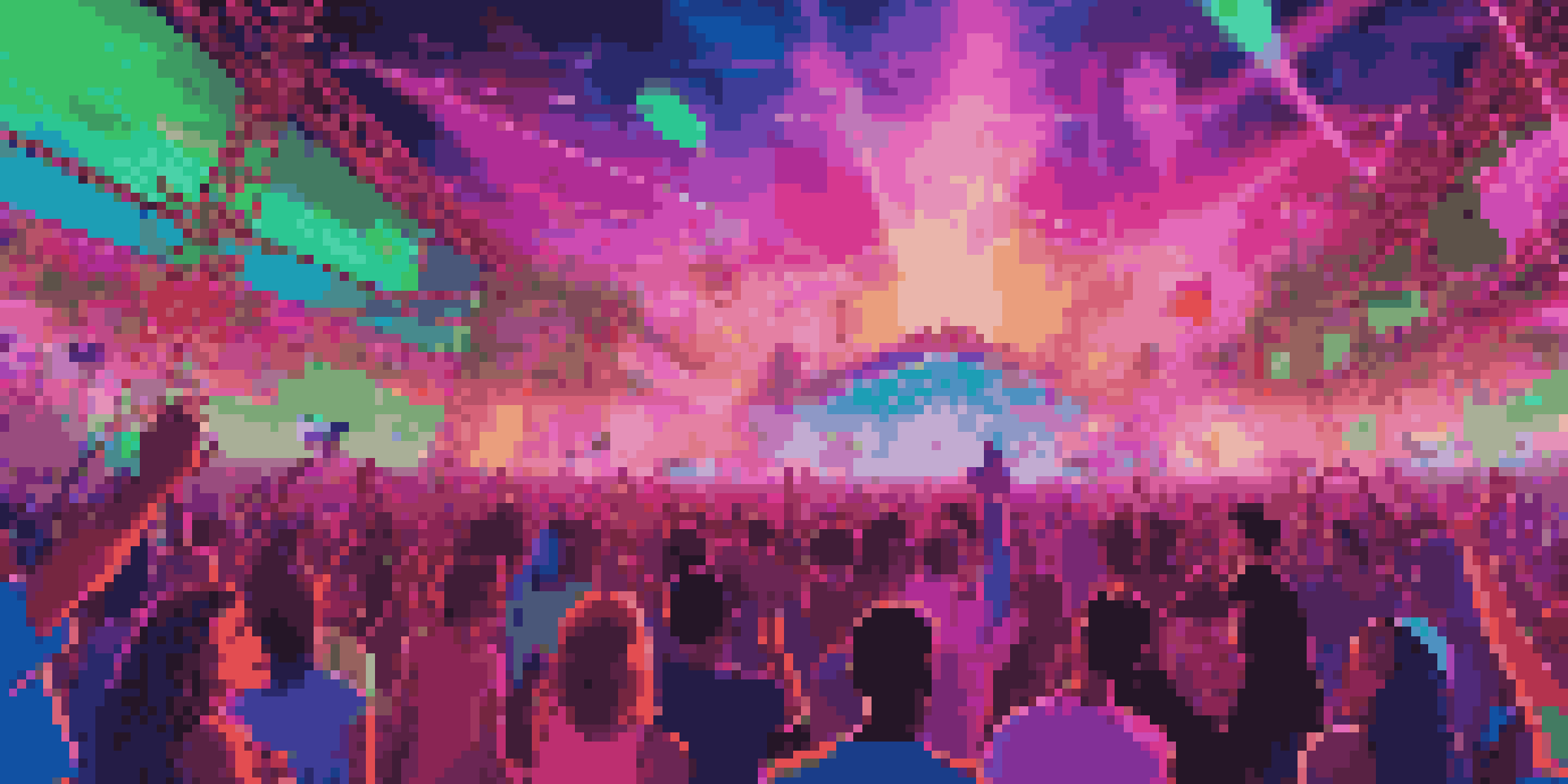 A lively virtual music festival with fans dancing and holographic performances under a colorful digital sky.