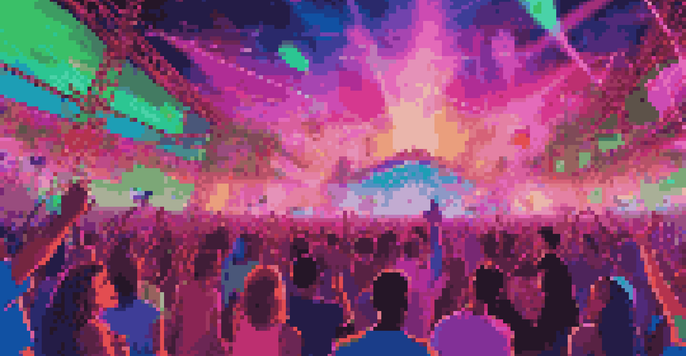 A lively virtual music festival with fans dancing and holographic performances under a colorful digital sky.