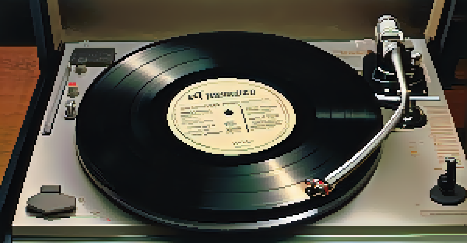 A close-up of a spinning vinyl record on a turntable, showcasing the label with detailed metadata information against a blurred background.