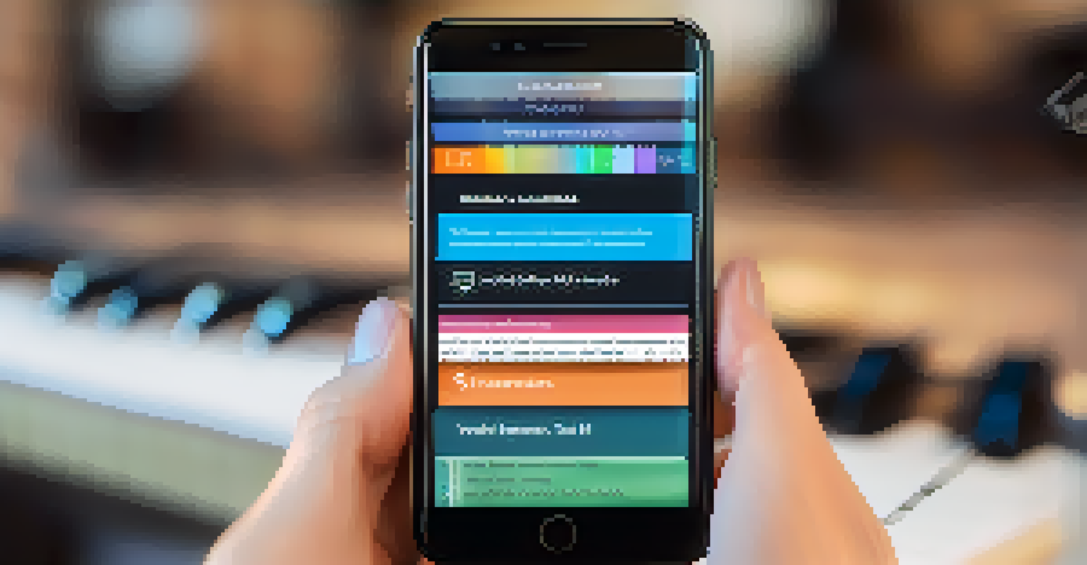 A smartphone showing a music education app interface with interactive lessons, blurred background of a guitar and sheet music.