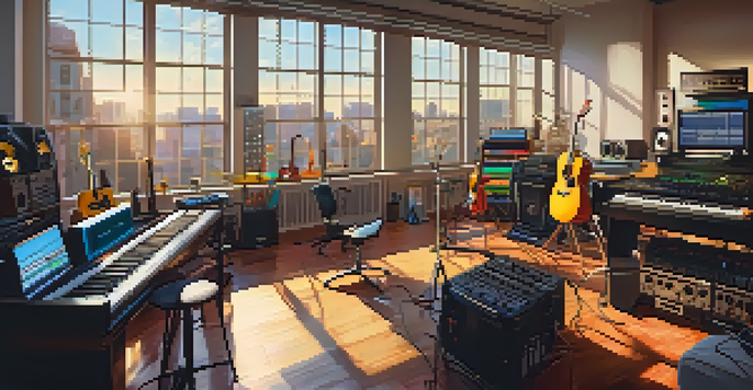 A diverse group of musicians working together in a bright music studio filled with instruments and a digital audio workstation.
