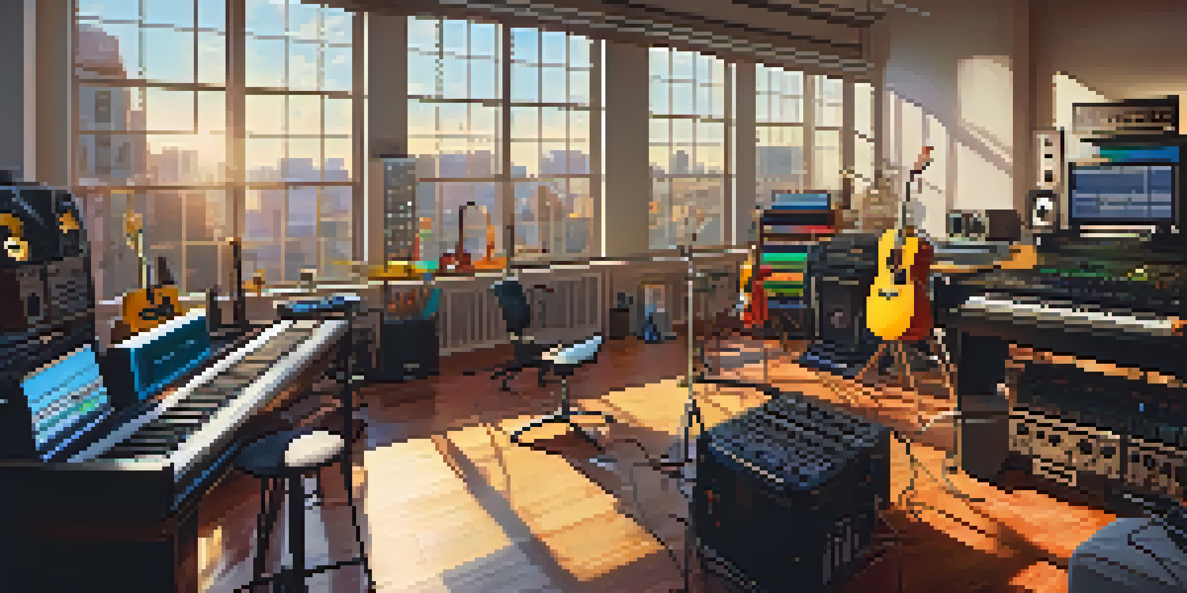 A diverse group of musicians working together in a bright music studio filled with instruments and a digital audio workstation.