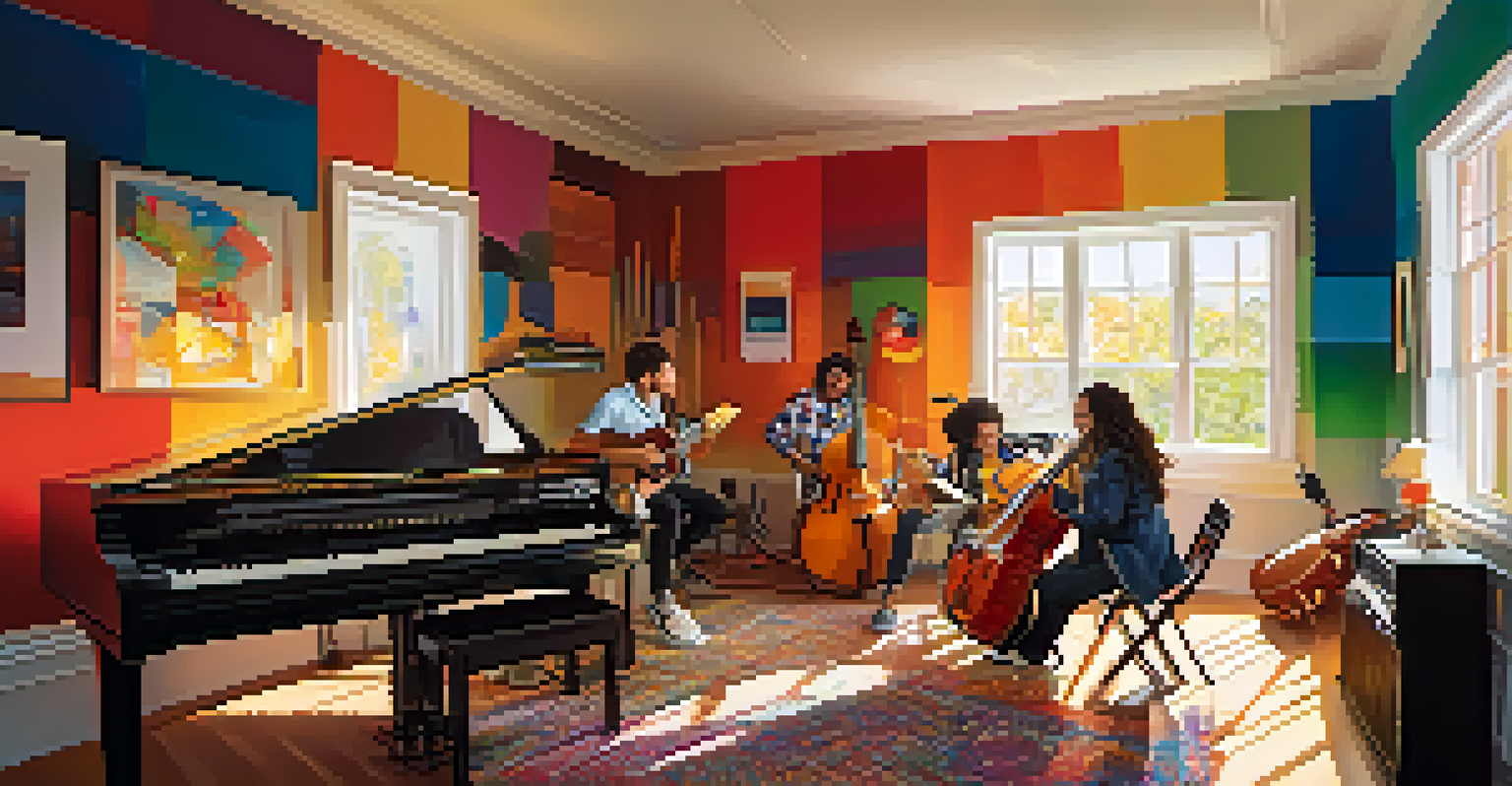 A diverse group of musicians playing instruments together in a cozy room, with colorful sound waves representing music and creativity.