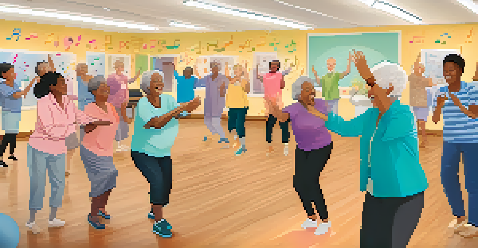Seniors participating in a rhythmic music therapy activity, clapping and smiling in a colorful environment with a facilitator leading.