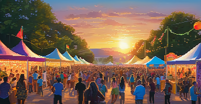 A lively community music festival with a diverse crowd enjoying live performances and colorful stalls.