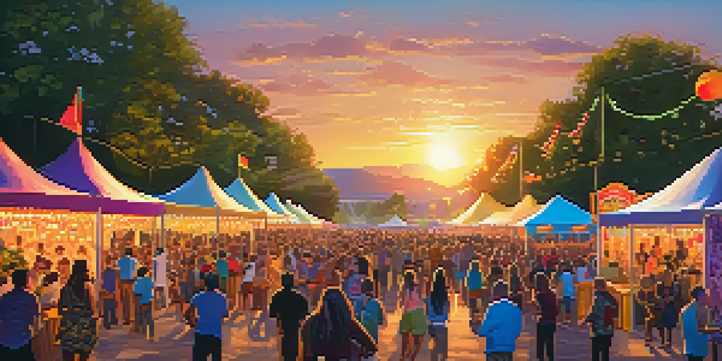 A lively community music festival with a diverse crowd enjoying live performances and colorful stalls.
