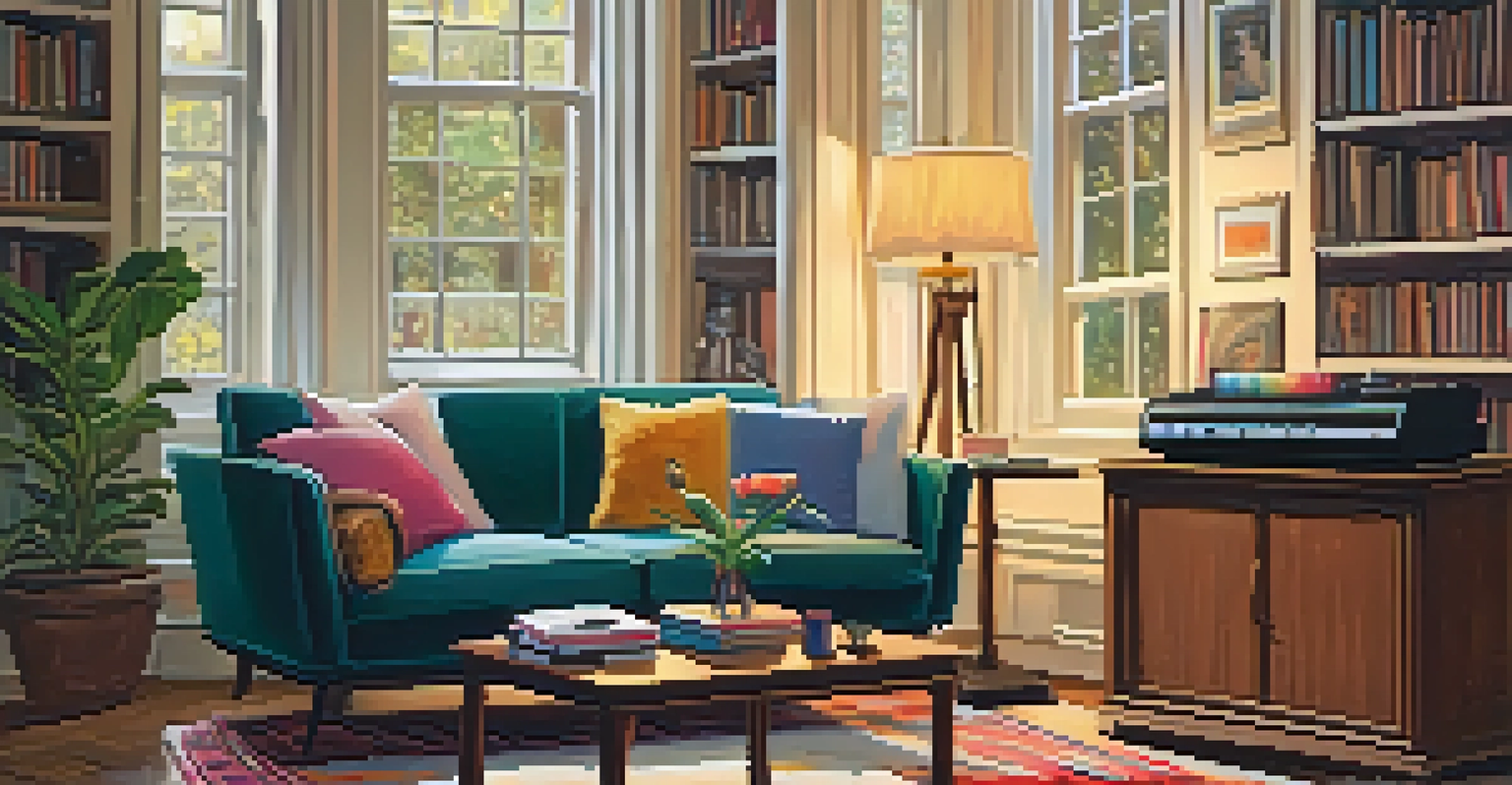 A cozy living room with a vintage record player, warm lighting, a plush sofa, and a steaming cup of tea on a coffee table.