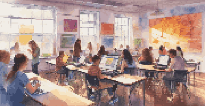 A lively classroom filled with students using music technology tools, working together on sound projects, with sunlight streaming in through windows.