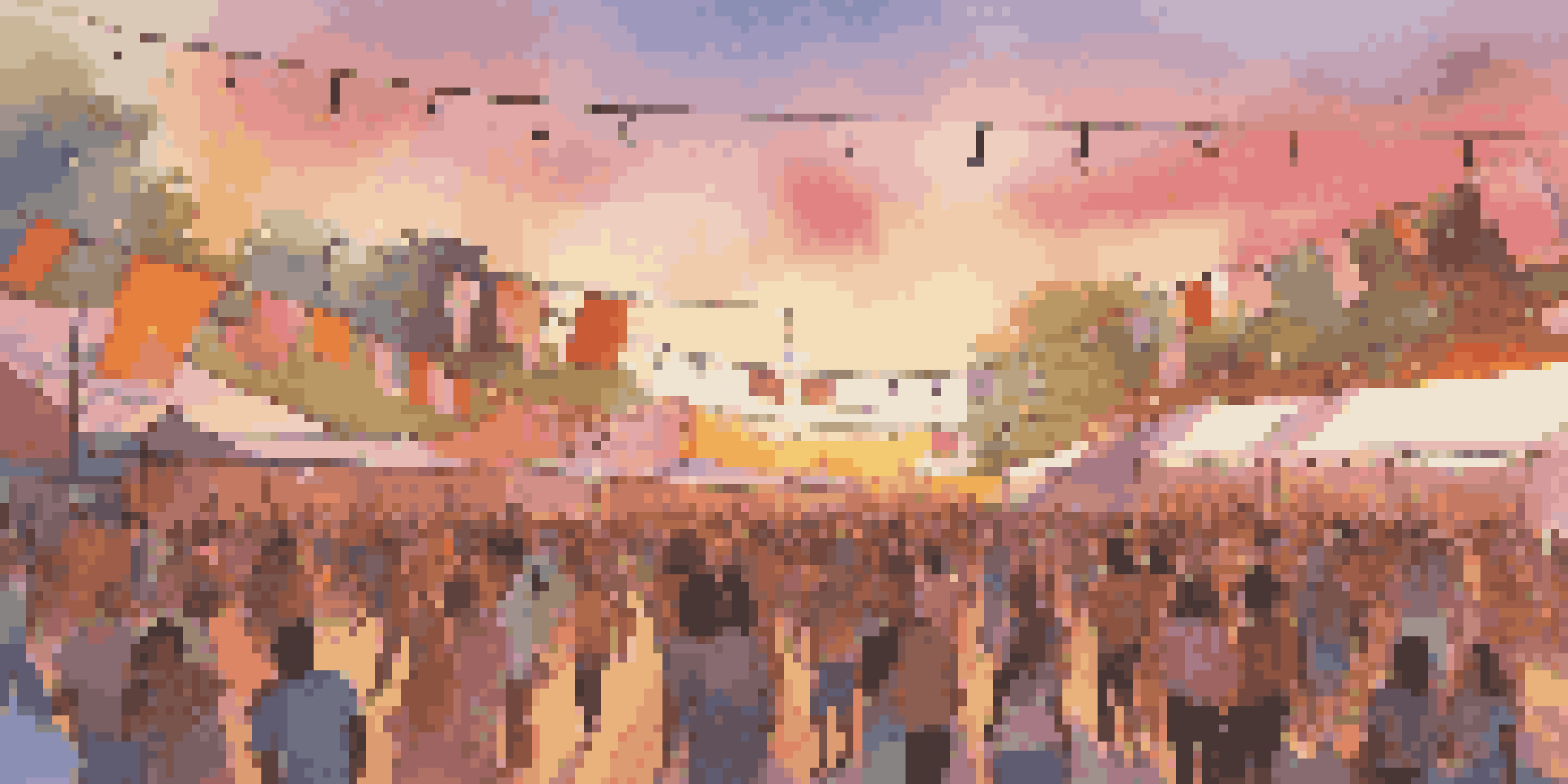 A lively outdoor music festival at sunset with diverse people enjoying performances, colorful decorations, and a warm sky.