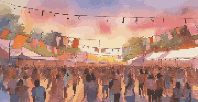 A lively outdoor music festival at sunset with diverse people enjoying performances, colorful decorations, and a warm sky.
