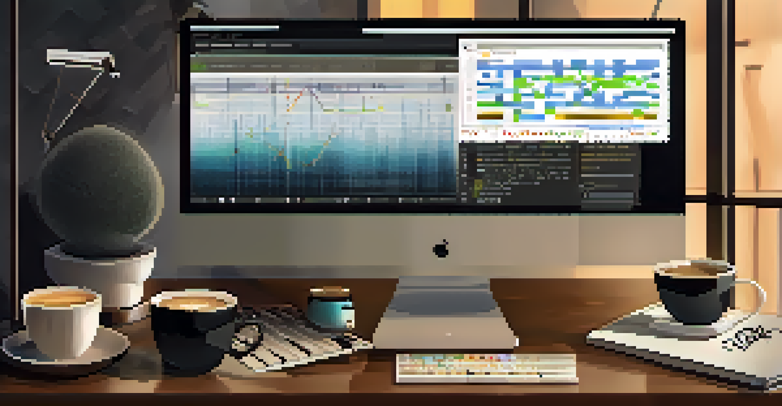 A computer screen showing SEO analytics for a music website, with a cozy workspace setting.