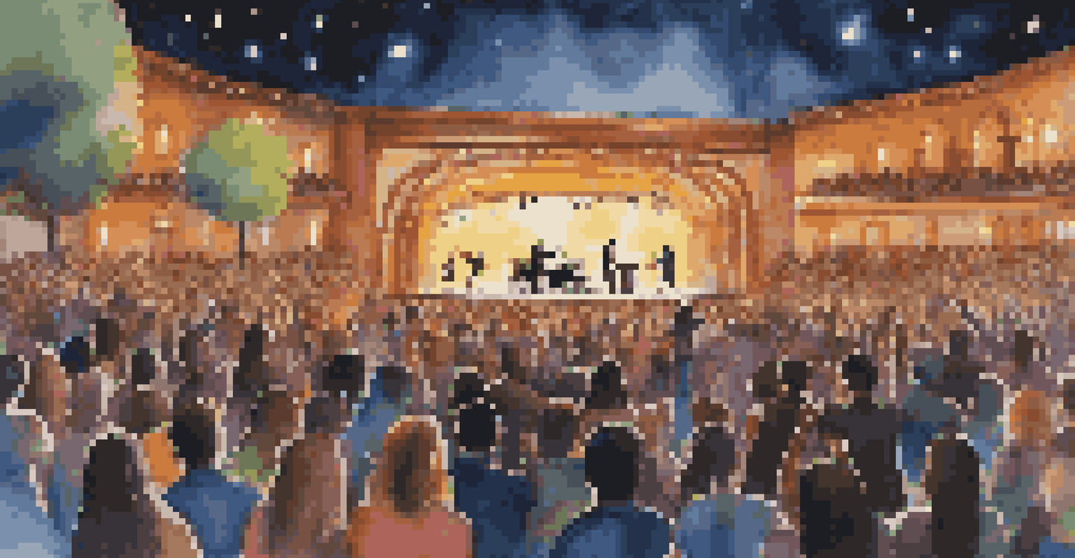 A lively concert with artists from diverse backgrounds performing together on stage under a starry night, surrounded by colorful lights.