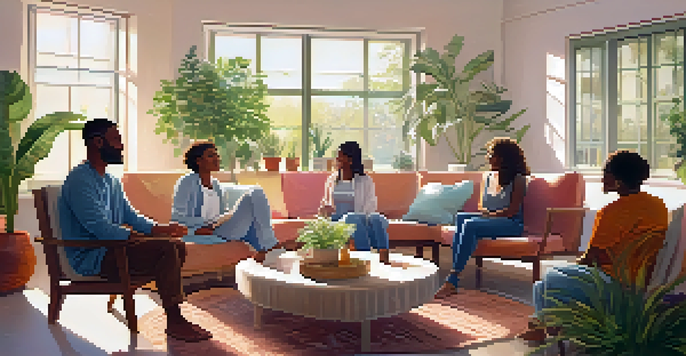 A group of people singing together in a bright room, showcasing expressions of joy and connection.