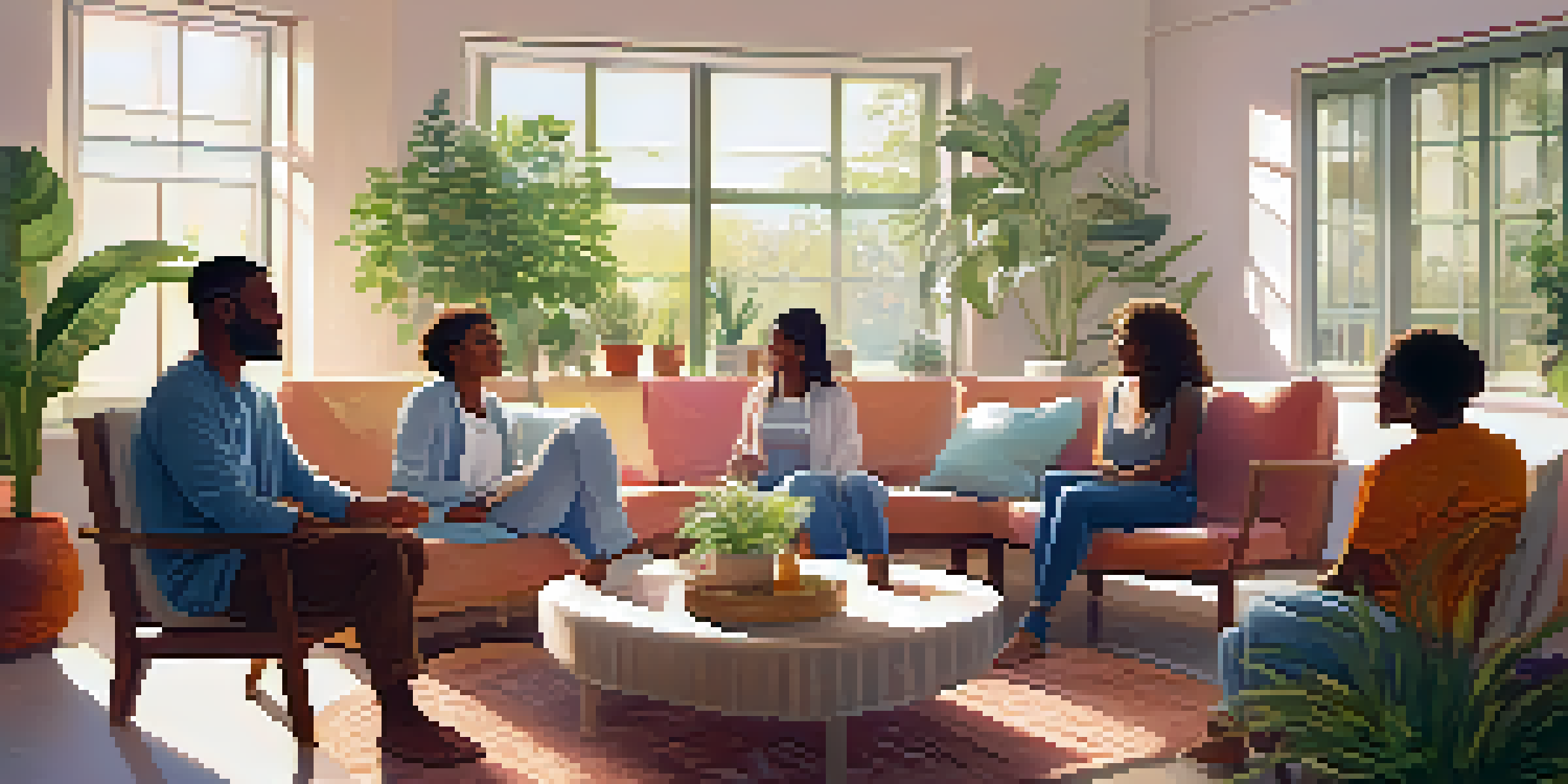 A group of people singing together in a bright room, showcasing expressions of joy and connection.