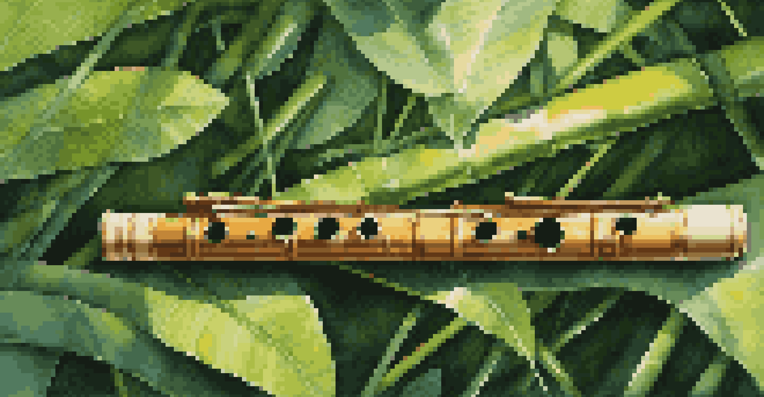 A bamboo flute in front of green leaves, showcasing its carvings and natural setting.