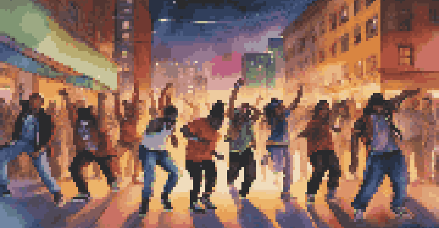 Indigenous hip-hop artists performing on stage in an urban setting with dancers blending traditional and contemporary styles.
