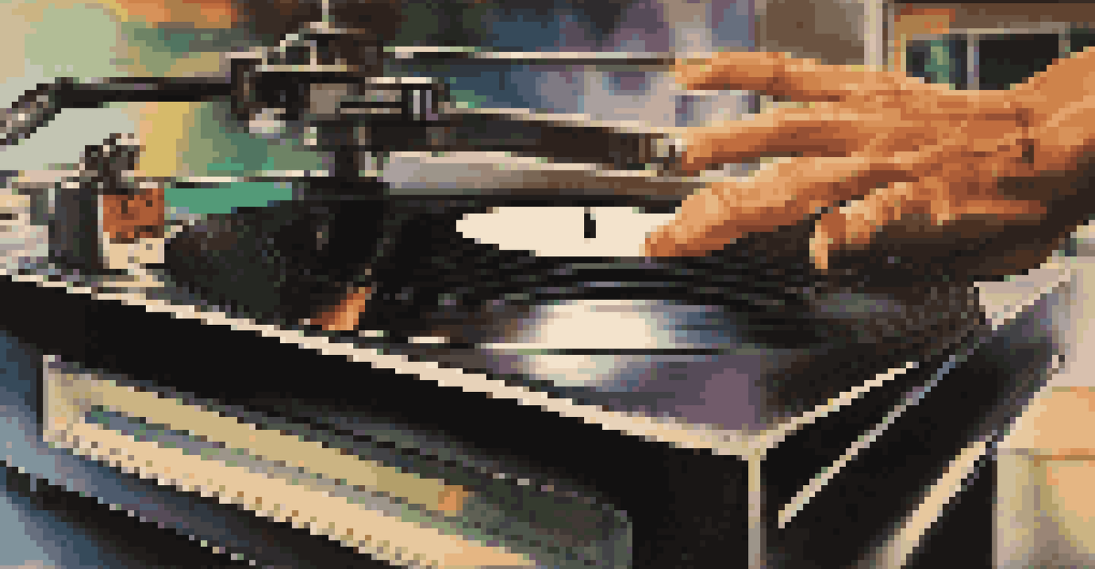A close-up of a vinyl record on a turntable, showcasing music memorabilia and a hand placing the needle, highlighting the love for local music.