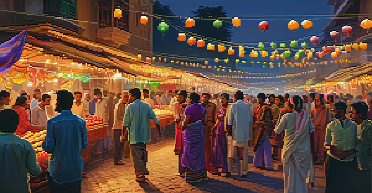 A vibrant street market celebrating Diwali, filled with lights, people in traditional attire, and festive decorations.