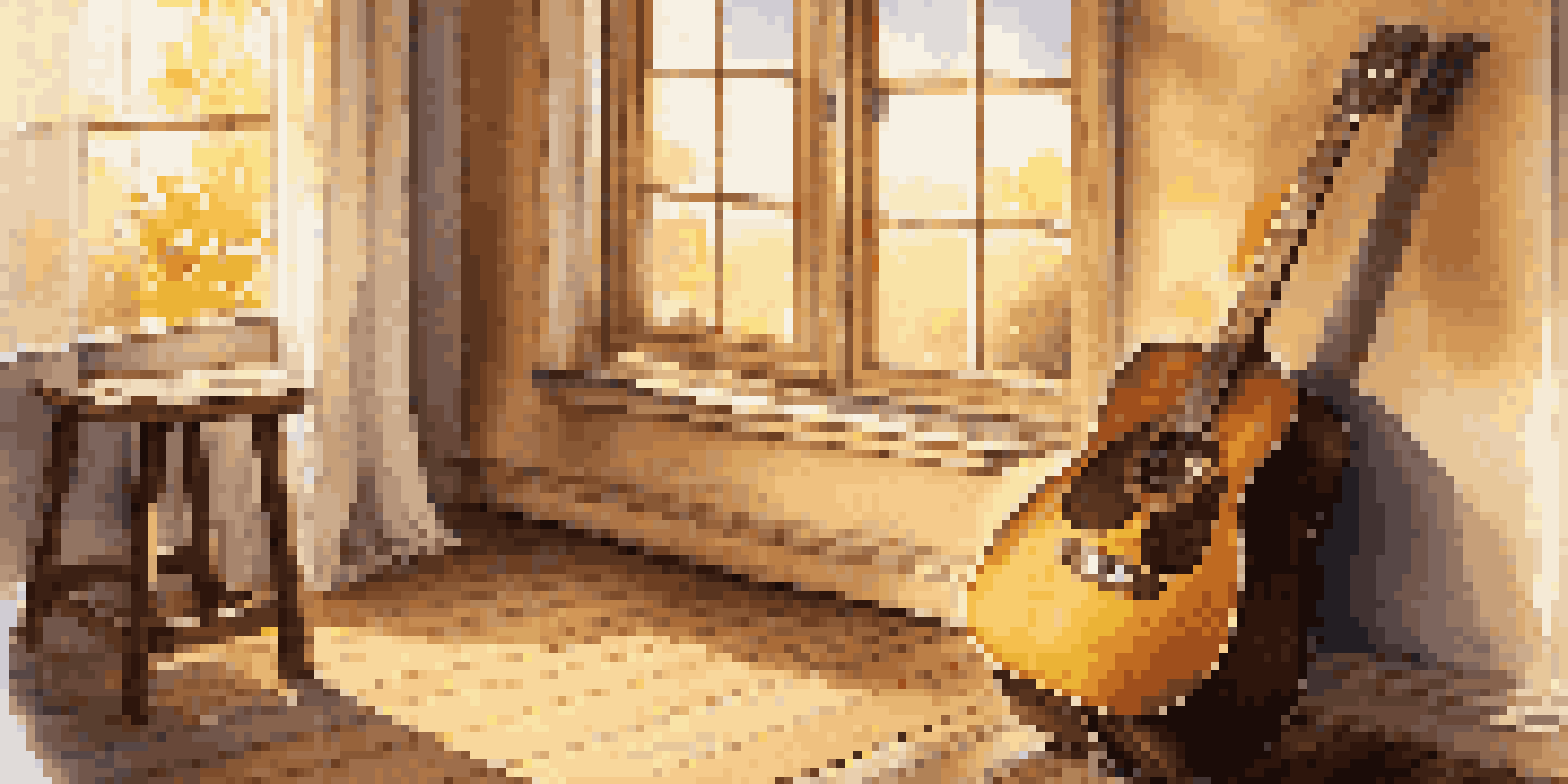 A wooden acoustic guitar leaning against a rustic stool in a sunlit room with flowing curtains and a warm atmosphere.