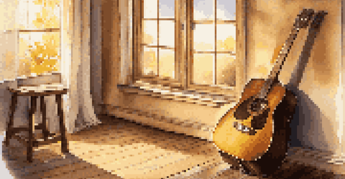 A wooden acoustic guitar leaning against a rustic stool in a sunlit room with flowing curtains and a warm atmosphere.