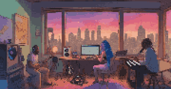 A lively scene of diverse musicians collaborating virtually, with a singer and producer in cozy settings surrounded by music interfaces and a city skyline at dusk.
