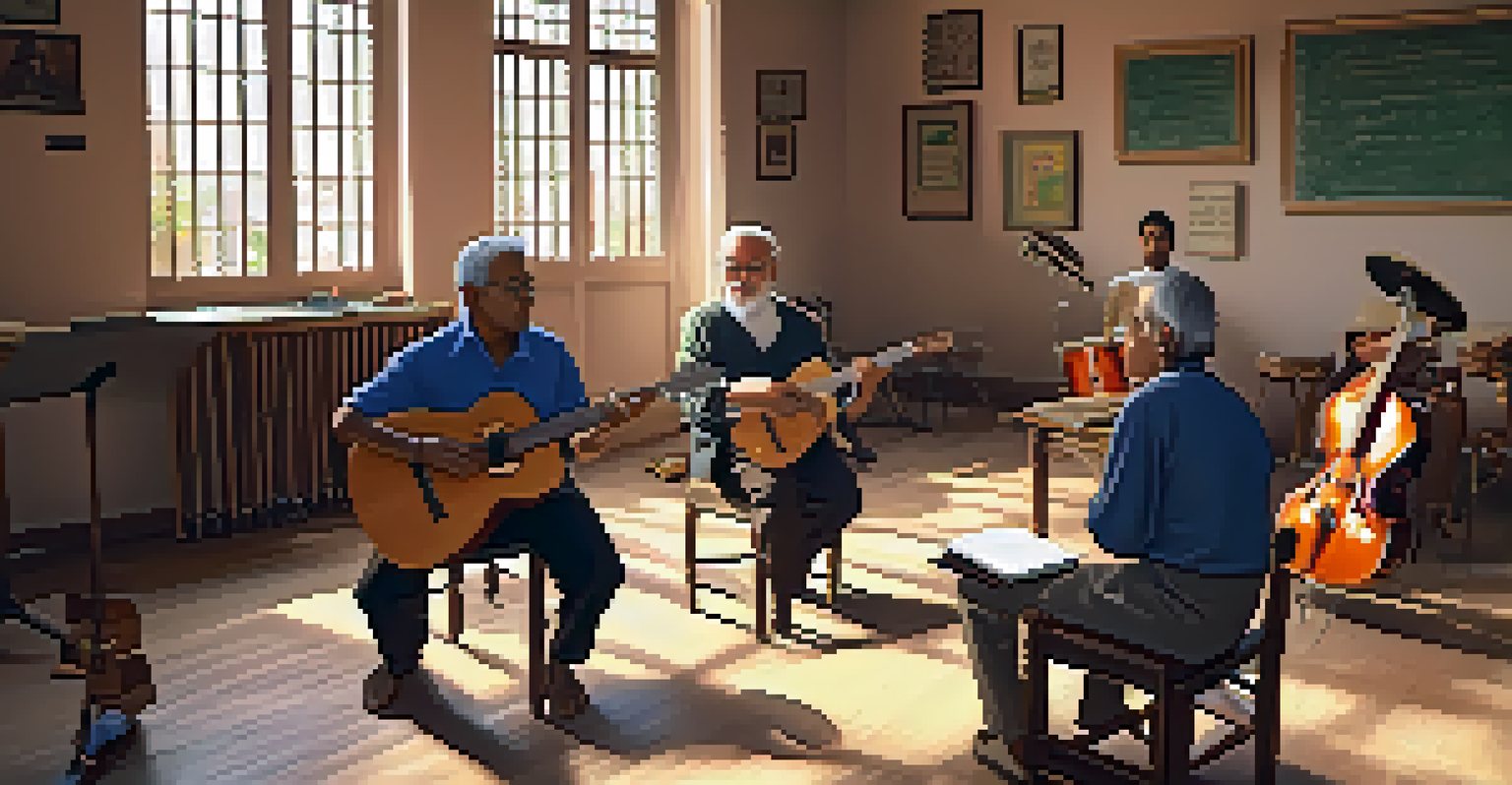 A music classroom with a diverse group of students learning from an elderly teacher, surrounded by various musical instruments and warm natural light.