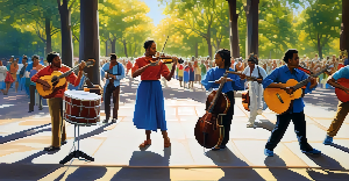 A diverse group of musicians playing in a park under sunlight, with colorful banners in the background.