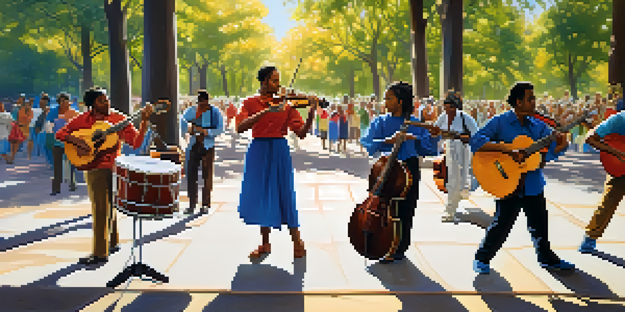 A diverse group of musicians playing in a park under sunlight, with colorful banners in the background.