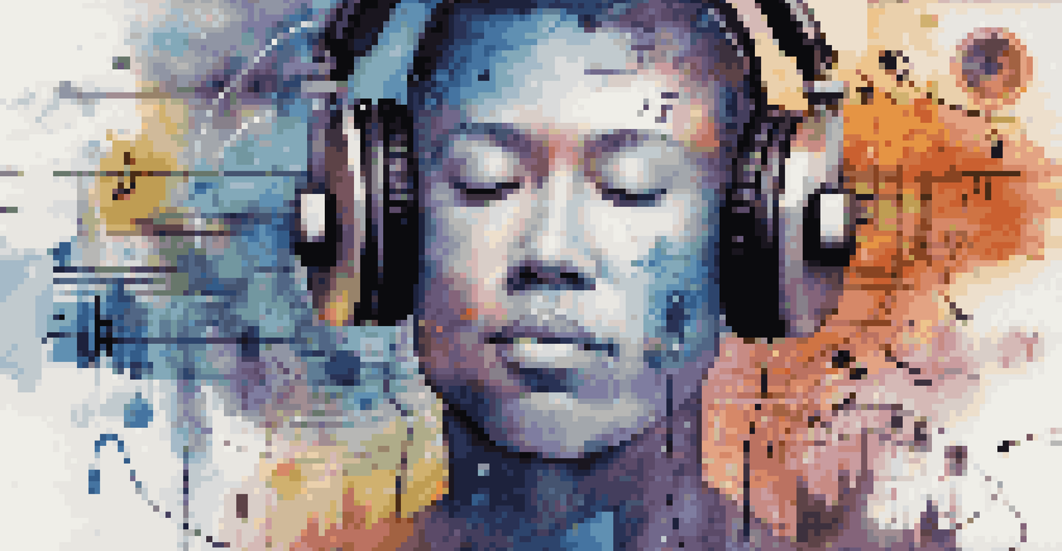 A digital collage showing a person with headphones, surrounded by music notes and social media icons, symbolizing the connection between technology and music.