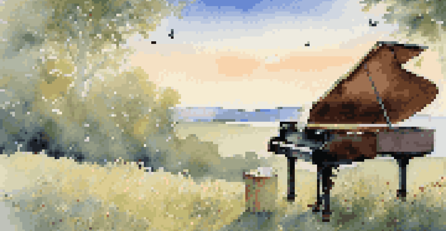 A musician playing a portable piano outdoors on a hill, surrounded by flowers and butterflies.