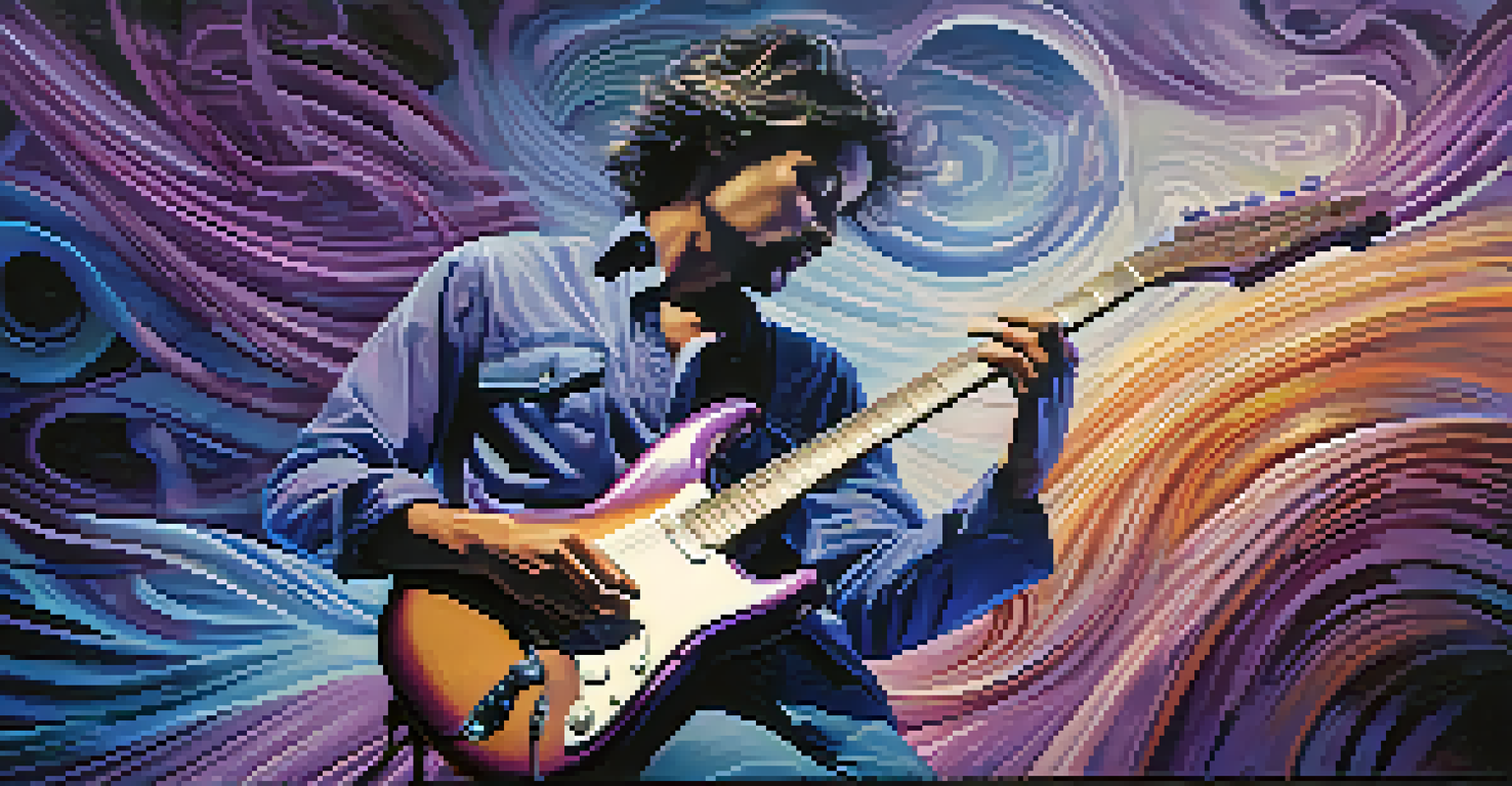 A musician playing guitar surrounded by swirling musical notes and digital sound waves in a colorful background.