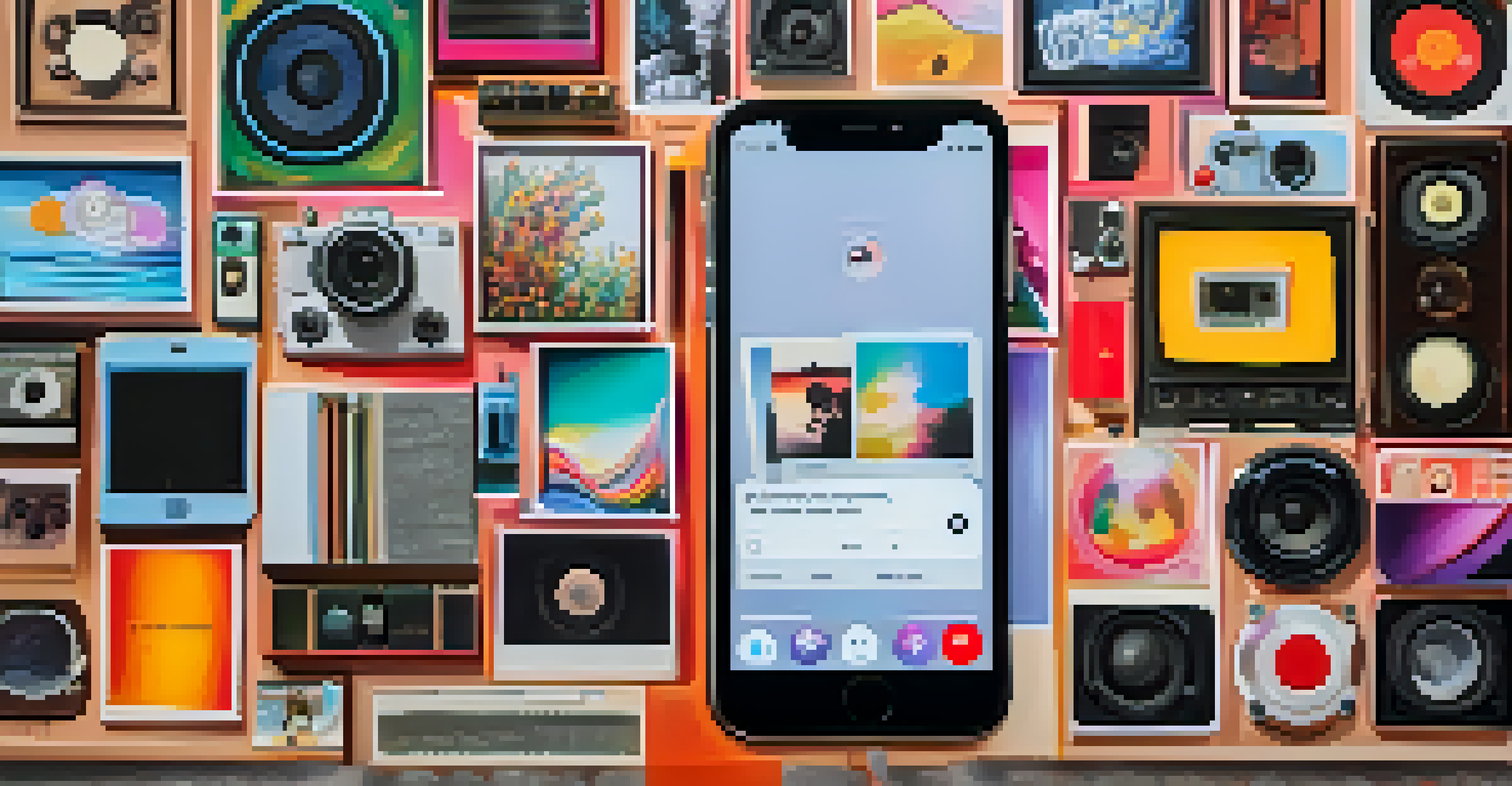 A close-up of a smartphone showing an artist's social media page with vibrant posts and a creative workspace in the background.