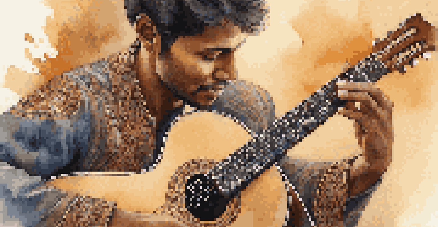 A close-up of a musician passionately playing an acoustic guitar, with cultural patterns on their clothing and warm lighting enhancing the scene.