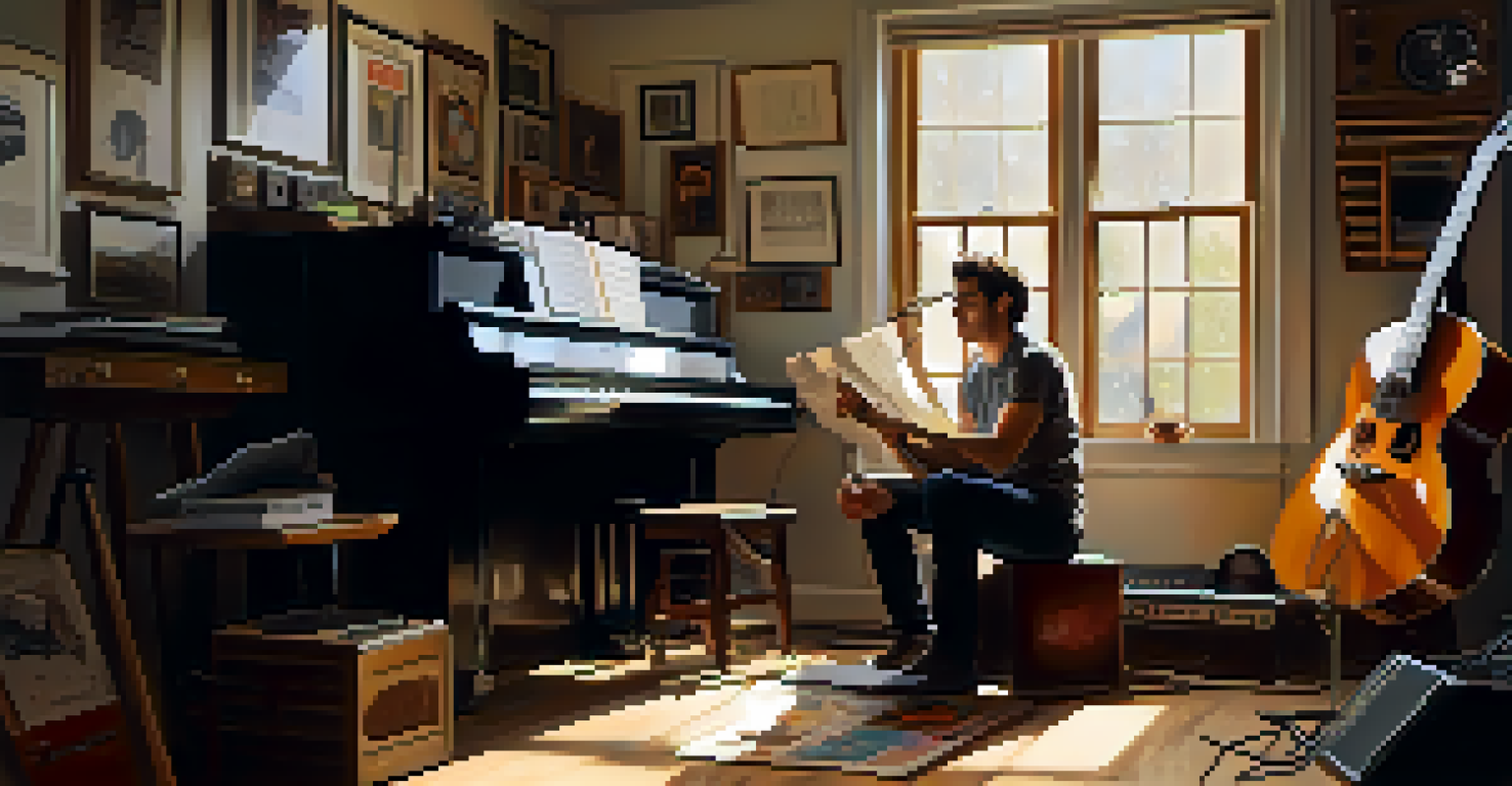 A musician in a cozy home studio playing guitar, surrounded by instruments and natural light.